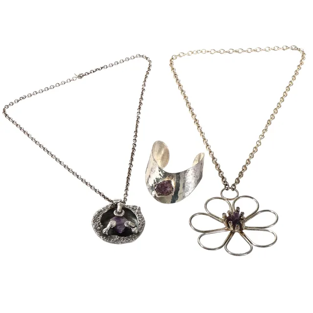 Jacob Hull / B+D. Rustic organic jewelry including necklaces & bracelets with amethyst. (3)
