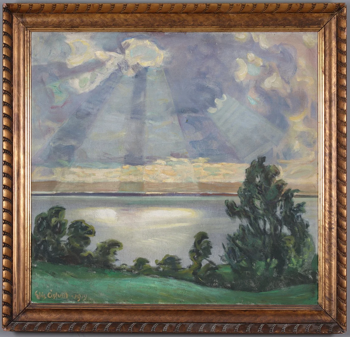 ELIS ÅSLUND. "Sol över Vättern", olja på duk, signerad, daterad 1919. — Paintings — Stadsauktion Sundsvall