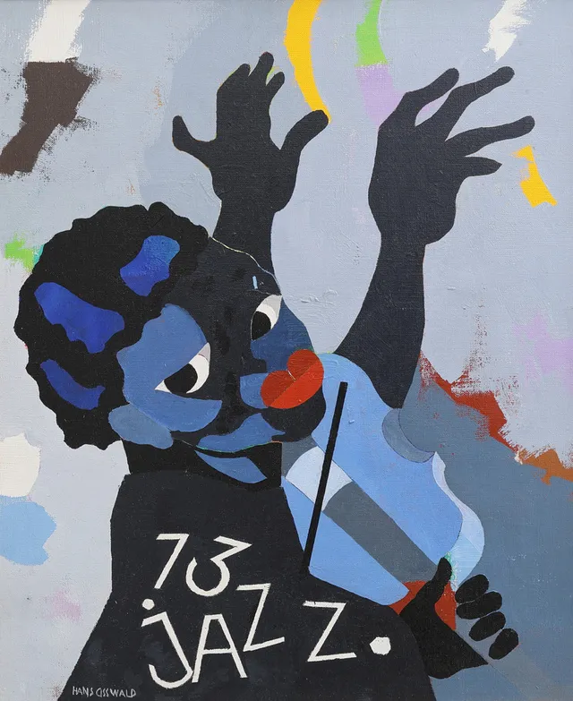 HANS OSSWALD. "JAZZ 73", OLJA PÅ DUK, SIGNERAD.
