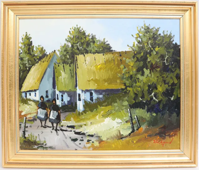 SVEN ERIK LUND. Landskap med figurer, oljemålning på duk, signerad.