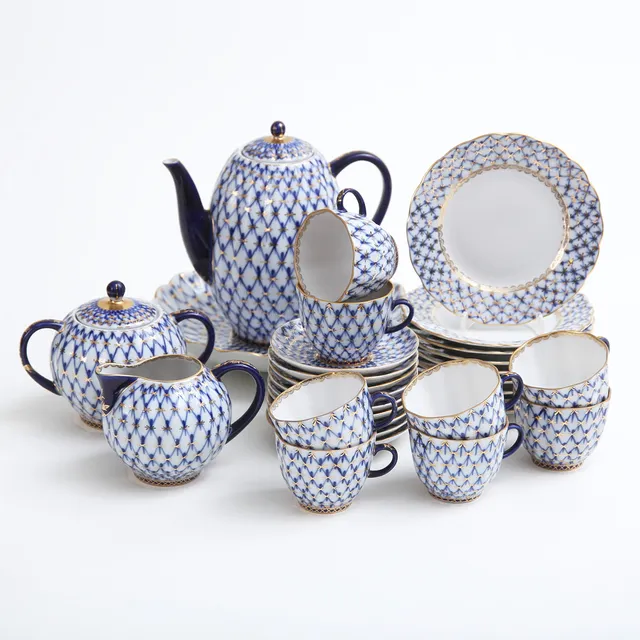 LOMONOSOV, "Cobalt Net" , kaffeservis, 30 delar, Ryssland.
