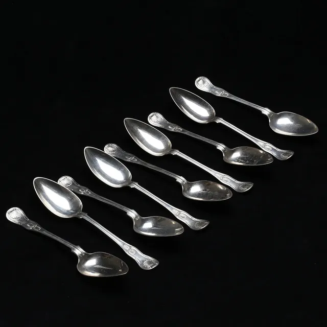 MATSKEDAR, 6++2+1 st, silver, "Engelsk snäck", Möllenborg, Lauren och Pettersson, 1800-tal, vikt ca. 655,5 gram.