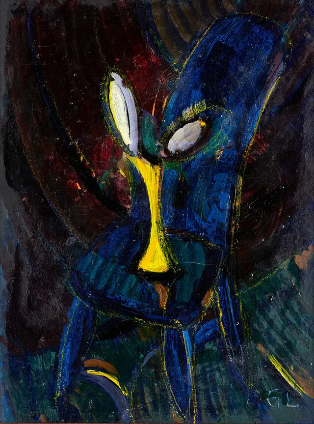 GERHARD LARSSON (Häggum 1910-1990 Göteborg), Stilleben med blomvas på blå stol, monogramsignerad G.L. olja på duk.