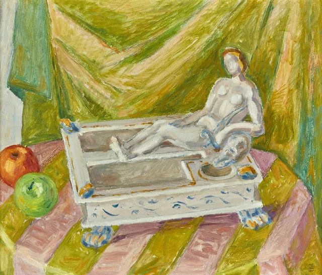 INGRID SIMONSSON (1885-1977), Stilleben med figurin och äpplen, monogramsignerad ’IS’, olja, pannå.