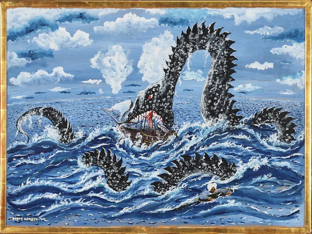 MATS NORRYD. "Sindbad överlevaren", gouache, signerad samt daterad 1974. Motiv hämtat ur "Tusen och en natt".