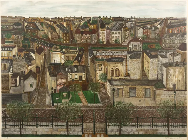 ARVID WIDERBERG. Färglitografi, "Utsikt från Luxemburgträdgården i Paris", HC, signerad, daterad -76.