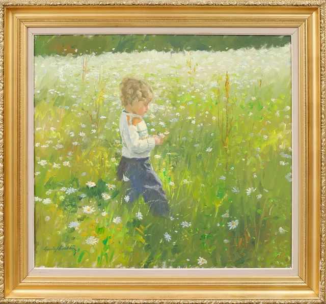 GUSTAF CARLSTRÖM. Barn på blomsteräng, olja på duk, signerad.