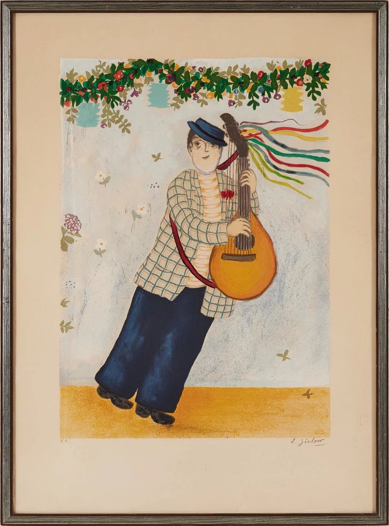 LENNART JIRLOW. "Trubaduren", färglitografi, signerad. — Engravings & Prints — Stockholms Auktionsverk Magasin 5