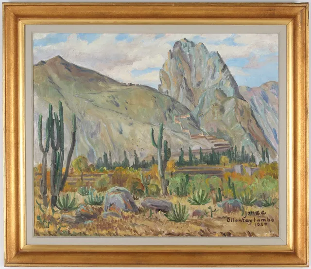 PAUL JONZE. "Mot inkaruiner, Ollantaytambo", olja på duk, signerad och daterad 1950.