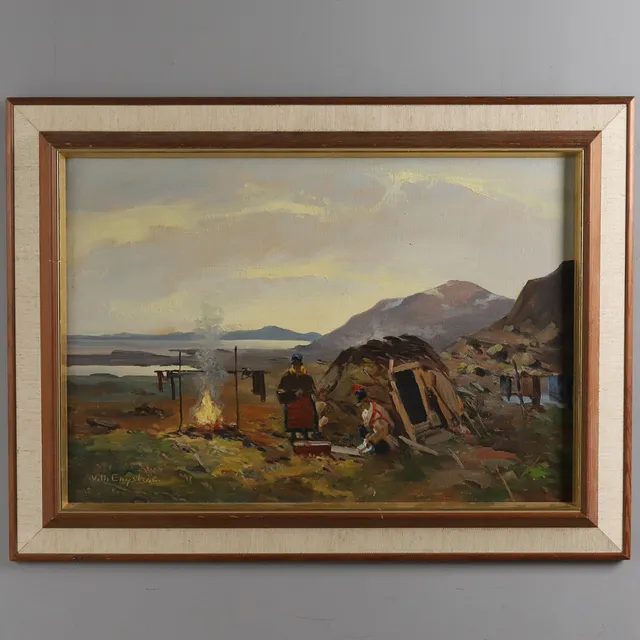VILHELM ENGSTRÖM. olja på duk, ''Samer vid kåta'', signerad.