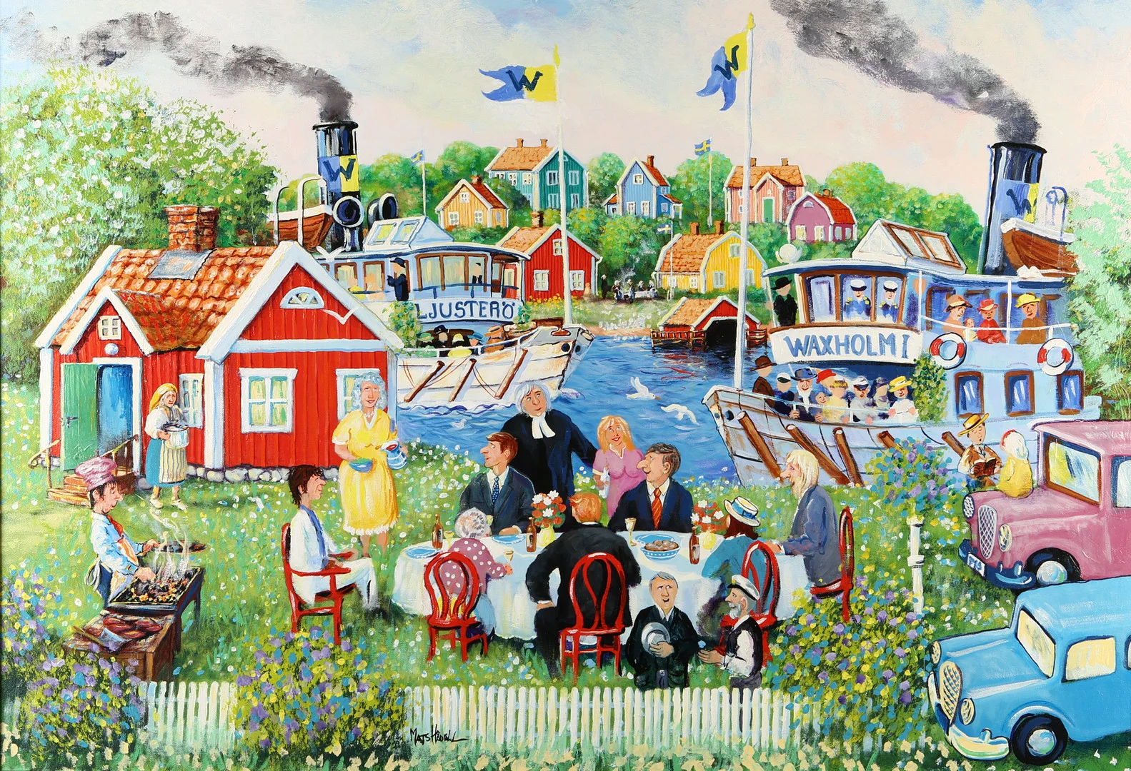MATS HÅDELL. Skärgårdsmotiv med Skärgårdsbåtarna Waxholm I och Ljusterö, olja på duk, signerad. — Paintings — Auktionshuset Kolonn