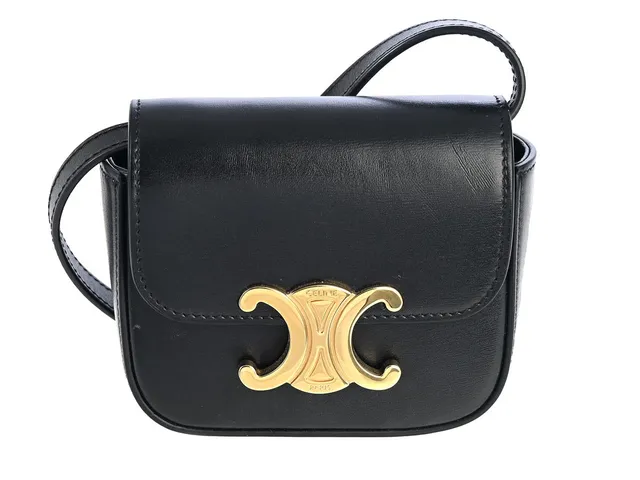 CELINE, VÄSKA, Mini Triomphe, svart kalvskinn, guldfärgade beslag, 11,5x8x4 cm, avtagbar axelrem, tag, dustbag, originalkartong. Good Condition.