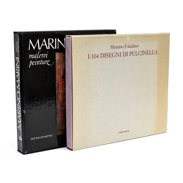 BÖCKER, 2 st, "Mimmo Paladino - I 104 DISEGNI di Pulcinella" & "Marino Marini: malerei peinture".