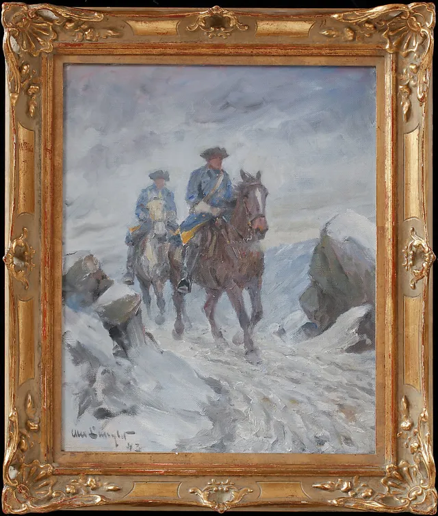ALEXANDER LANGLET. Karoliner till häst, olja på duk, signerad.