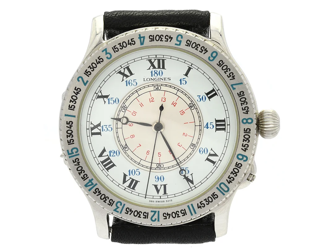 LONGINES, Hour Angle Watch, designad av Charles Lindbergh, Cal L989.2, Serie nr. 58021720, Ref nr. 989.5215, Boett nr. 24725604, herrur, 38 mm, stål, automatisk, mineralglas, OBS: defekt krona/ställaxel, öppningsbar bakboett med glasad innerboett, läderband, originalspänne, ca 1987. — Klockor/Longines — Kaplans