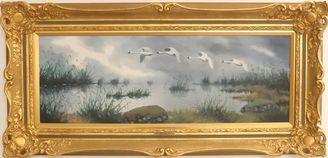 WALTER LILJENBERG. Olja på duk, Flygande svanar, signerad.