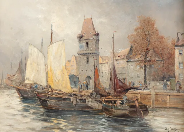 GEORG FISCHHOF (1859-1914). Fischerboote in einem niederländischen Hafen.