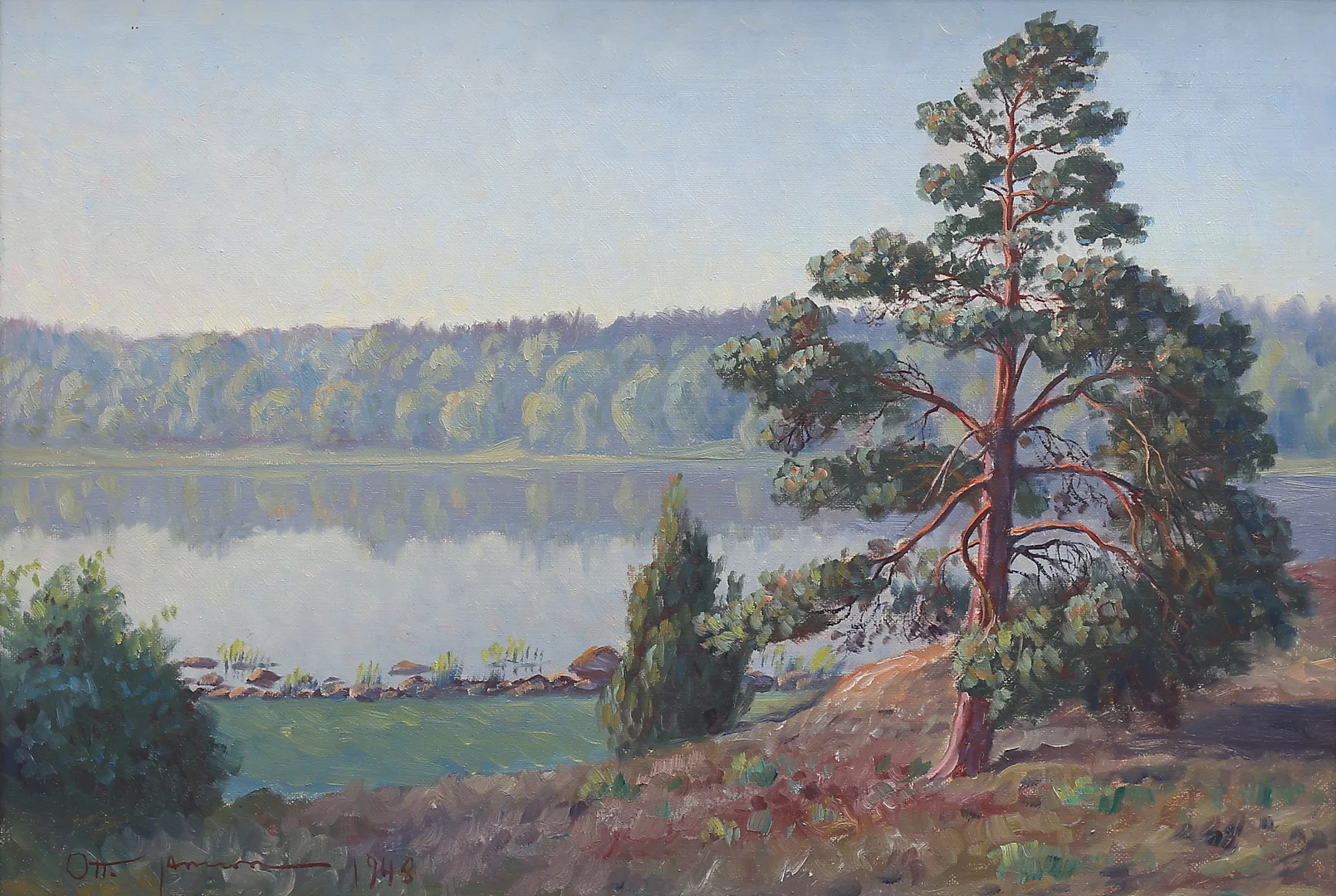 OTTO JANSSON. Olja på pannå, Skogssjö morgondis, signerad och daterad 1948. — Paintings — Auktionshuset Thelin & Johansson