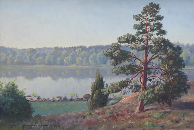 OTTO JANSSON. Olja på pannå, Skogssjö morgondis, signerad och daterad 1948.