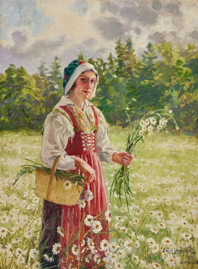 EMIL LINDGREN. Midsommarblomster, olja på duk, 90,5x68 cm.