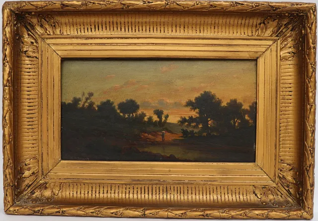 OIDENTIFIERAD KONSTNÄR. Landskap med figur, 1800-tal, oljemålning på träskiva, signerad H Brown.