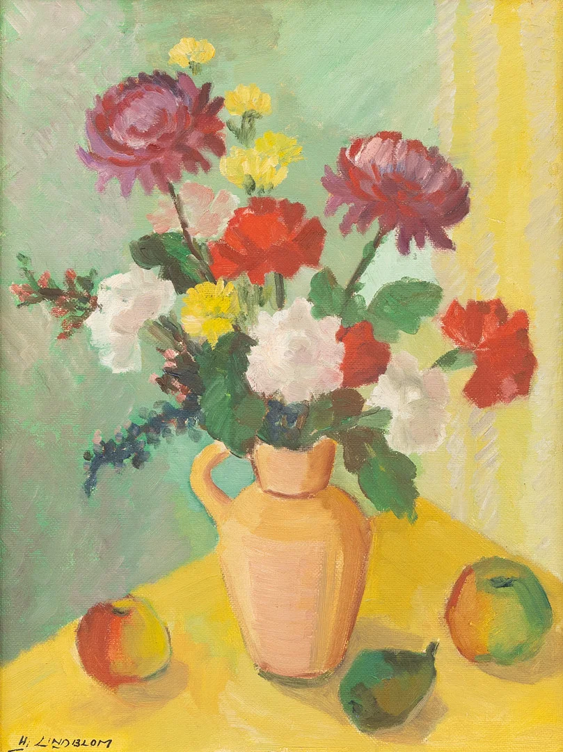 HJALMAR LINDBLOM. Blomsterstilleben, olja på pannå, signerad. — Paintings — Garpenhus Auktioner