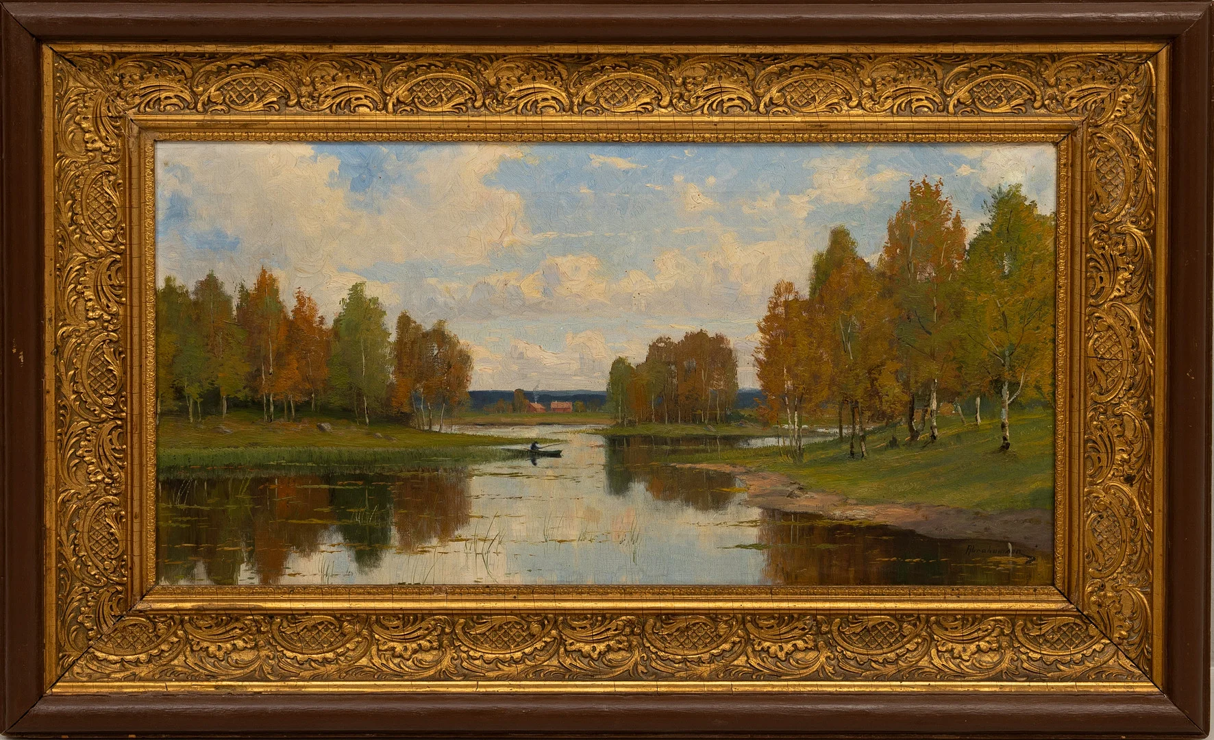 ERIK ABRAHAMSSON. Sjölandskap med fiskare, olja på duk, signerad. — Paintings — Auktionshuset Kolonn