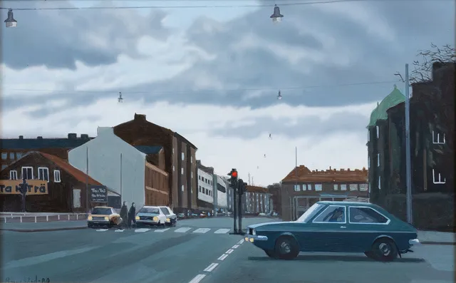 RONNY HÅRD. Gatumotiv från Malmö med Saab, olja på pannå, signerad och daterad -80.