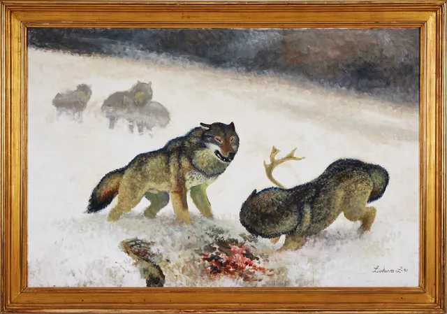 LINDORM LILJEFORS. Vinterlandskap med vargar, olja på pannå, 100 x 153 cm.