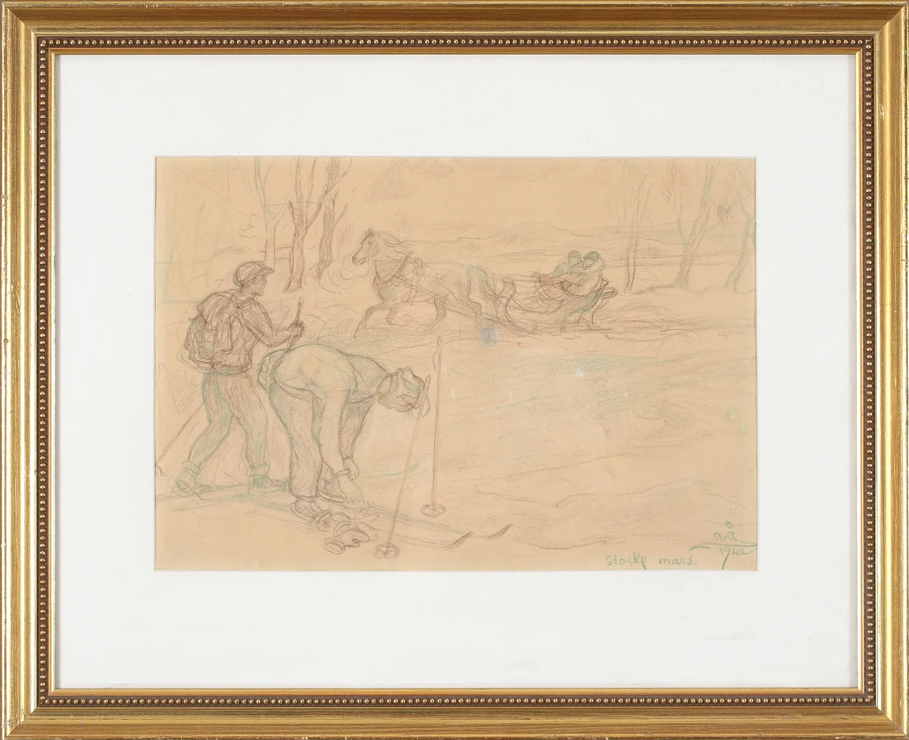 ACKE ÅSLUND. "Stocke mars", blandteknik på papper, signerad och daterad 1942. — Drawings — Stadsauktion Sundsvall