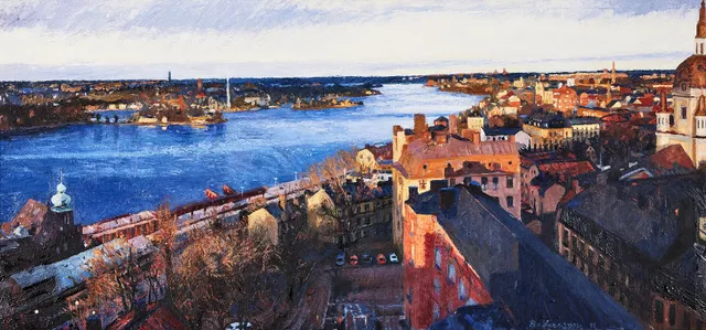 BO LARSSON. Utsikt från Mosebacke vattentorn, olja på duk.