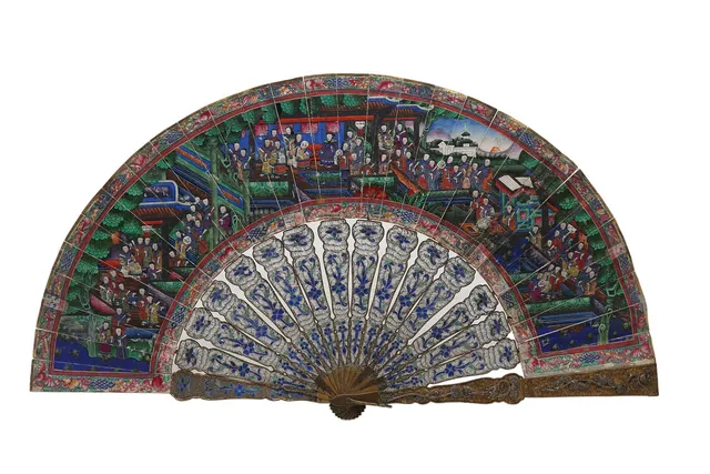 Chinese "thousand faces" fan with a view of the "hongs" in Canton, 19th Century.
