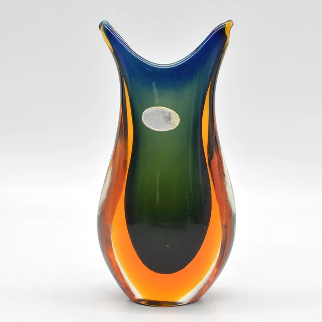 FLAVIO POLI. MURANO DESIGNERVASE, STUDIOGLAS, SOMMERSO, ITALIEN, UM 1950, MIT ETIKETT.
