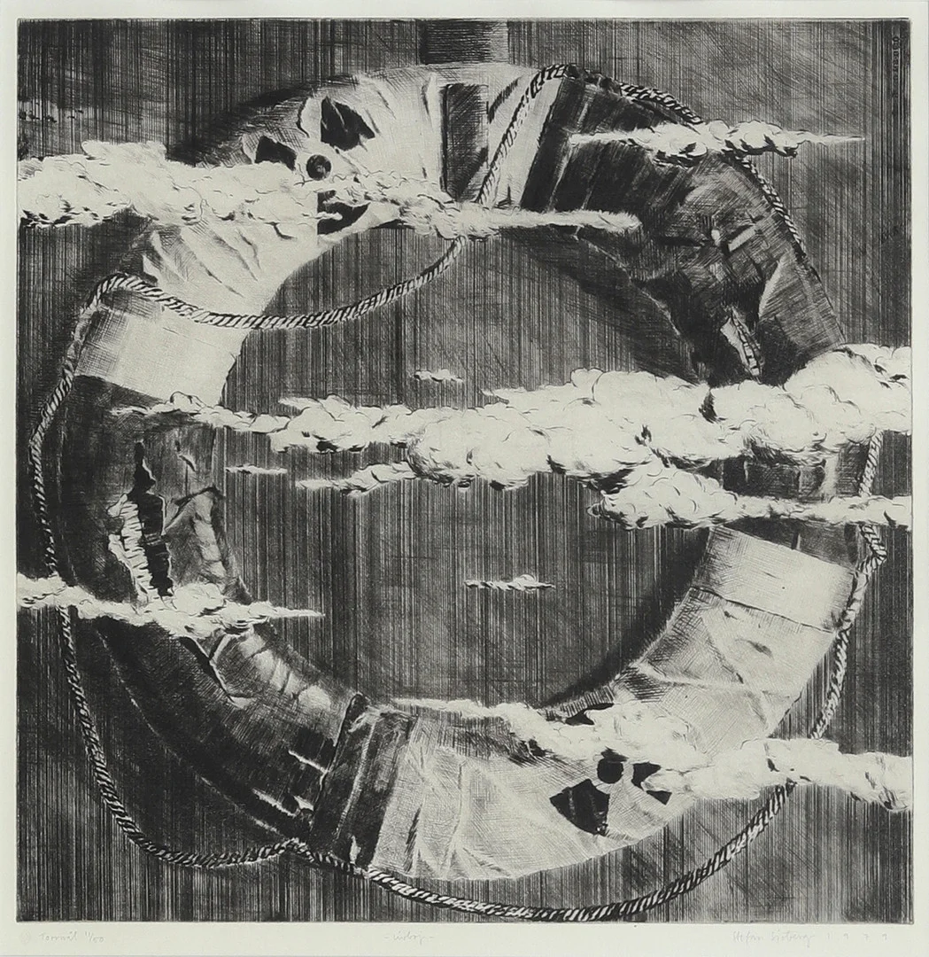 STEFAN SJÖBERG. Livboj, torrnålsgravyr, signerad och daterad 1979. — Engravings & Prints — Garpenhus Auktioner