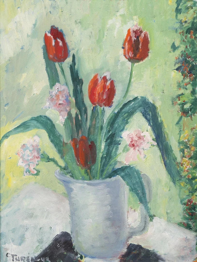 GRETA TURÉN (1901-1979). Stilleben, olja på pannå, signerad och daterad 1943. — Paintings — Garpenhus Auktioner