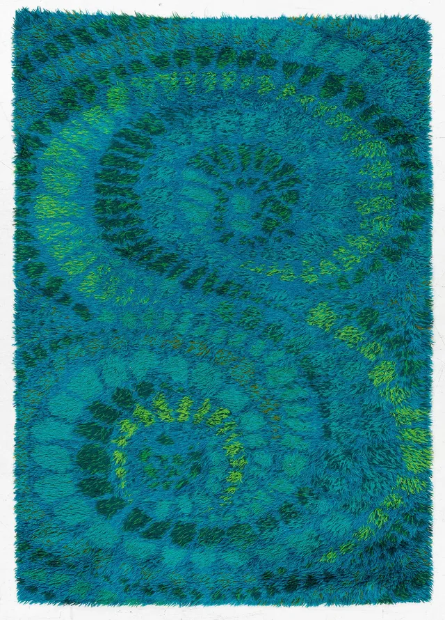 Marjatta Metsovaara, ryamatta, "Rinkula", Wittrup Rya Botnia, Danmark, ca 200 x 140 cm.