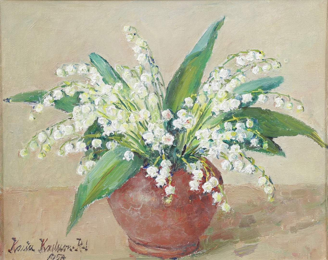 KARIN KARLSSON. Stilleben med liljekonvalj, olja på pannå, signerad och daterad. — Paintings — Växjö Auktionskammare