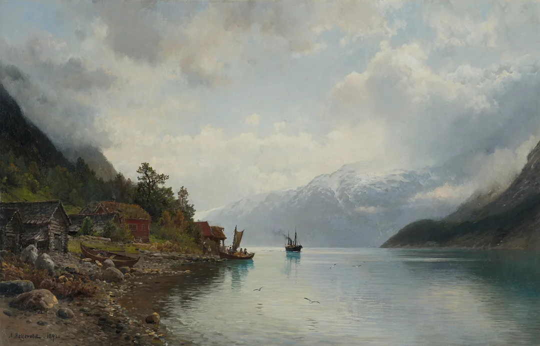 Askevold, Anders — Fjordlandskap med folkeliv, 1891 — Kunst/Maleri — Blomqvist