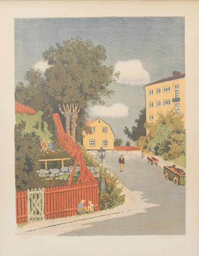 OSKAR BERGMAN. Gatuliv, litografi nr 109/260, signerad.
