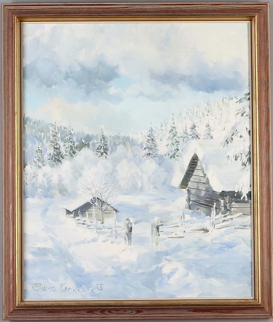 BRUNO KARLSSON. Vinterlandskap med stugor, olja på duk, signerad samt daterad 85? — Paintings — Auktionshuset Kolonn