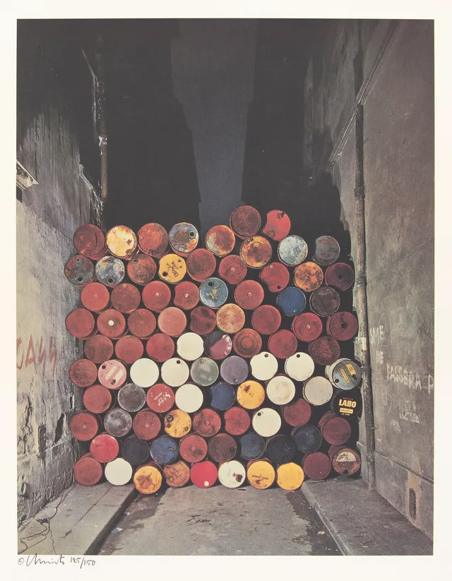 Christo & Jeanne-Claude — "Wall of Oil Barrels - The Iron Curtain, Rue Visconti, Paris, 1961-62" 1990