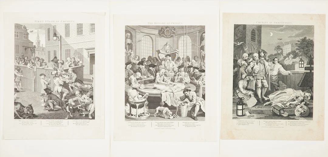 WILLIAM HOGARTH. EFTER. "The Four stages of Cruelty", 1, 3 - 4 ur serie om 4, gravyrer av Thomas Cook, kopparstick, 1799. — Engravings & Prints — Stockholms Auktionsverk Sickla