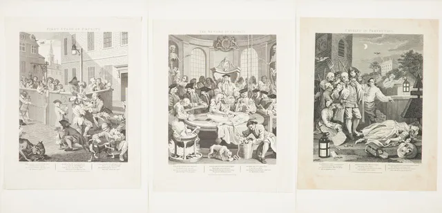 WILLIAM HOGARTH. EFTER. "The Four stages of Cruelty", 1, 3 - 4 ur serie om 4, gravyrer av Thomas Cook, kopparstick, 1799.