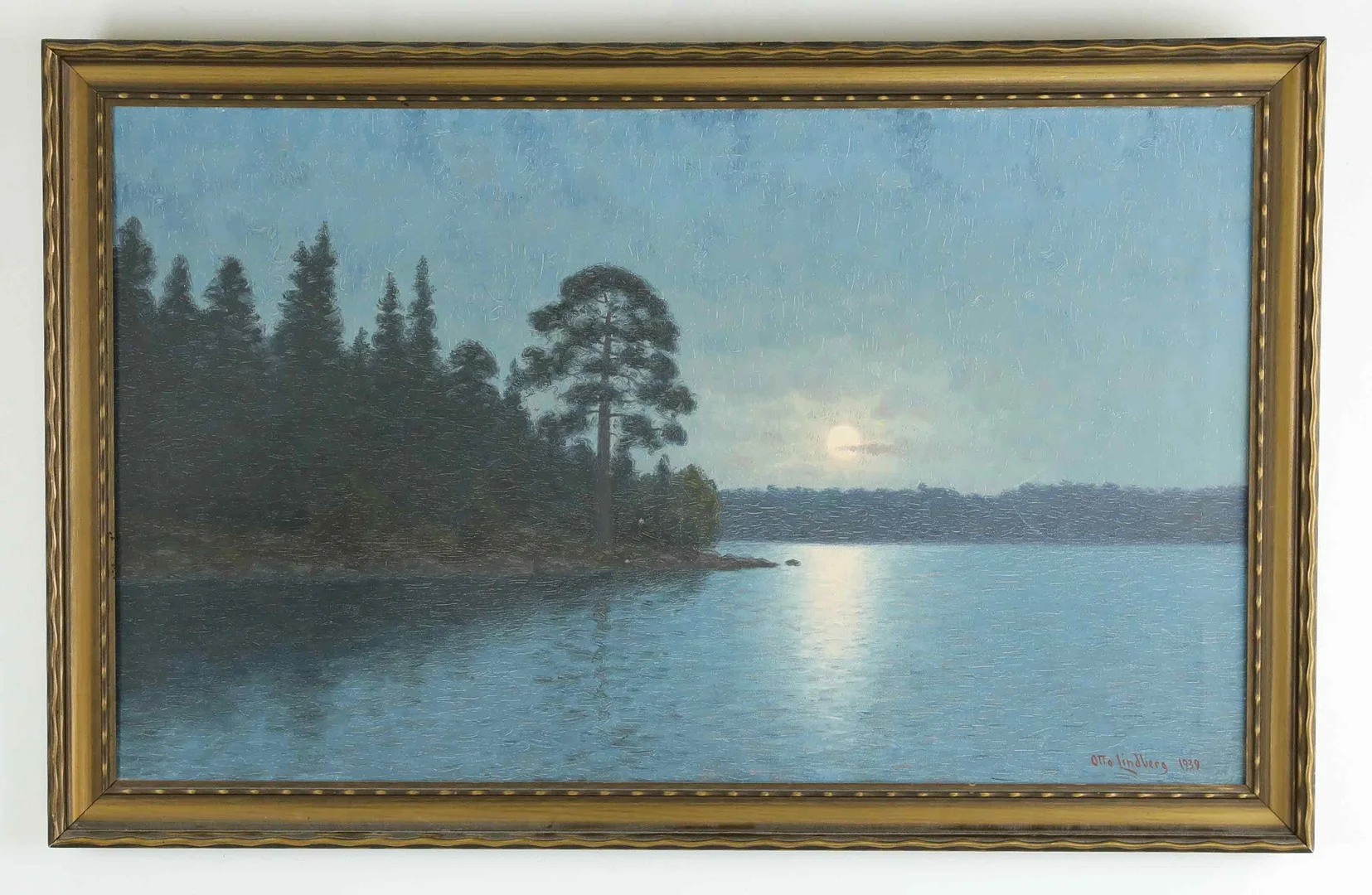 OTTO LINDBERG. Olja på duk, Månsken, signerad och daterad 1939. — Paintings — Hälsinglands Auktionsverk