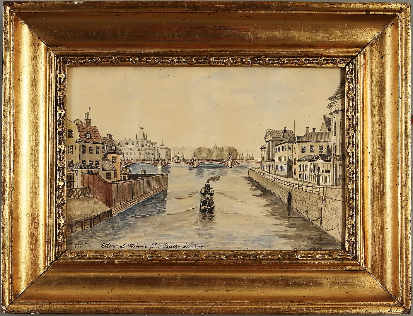 FRANS LINDSTRÖM. Akvarell, "Utsigt af strömmen från Norrbro år 1889", signerad. — Paintings — Auktionshuset Kolonn
