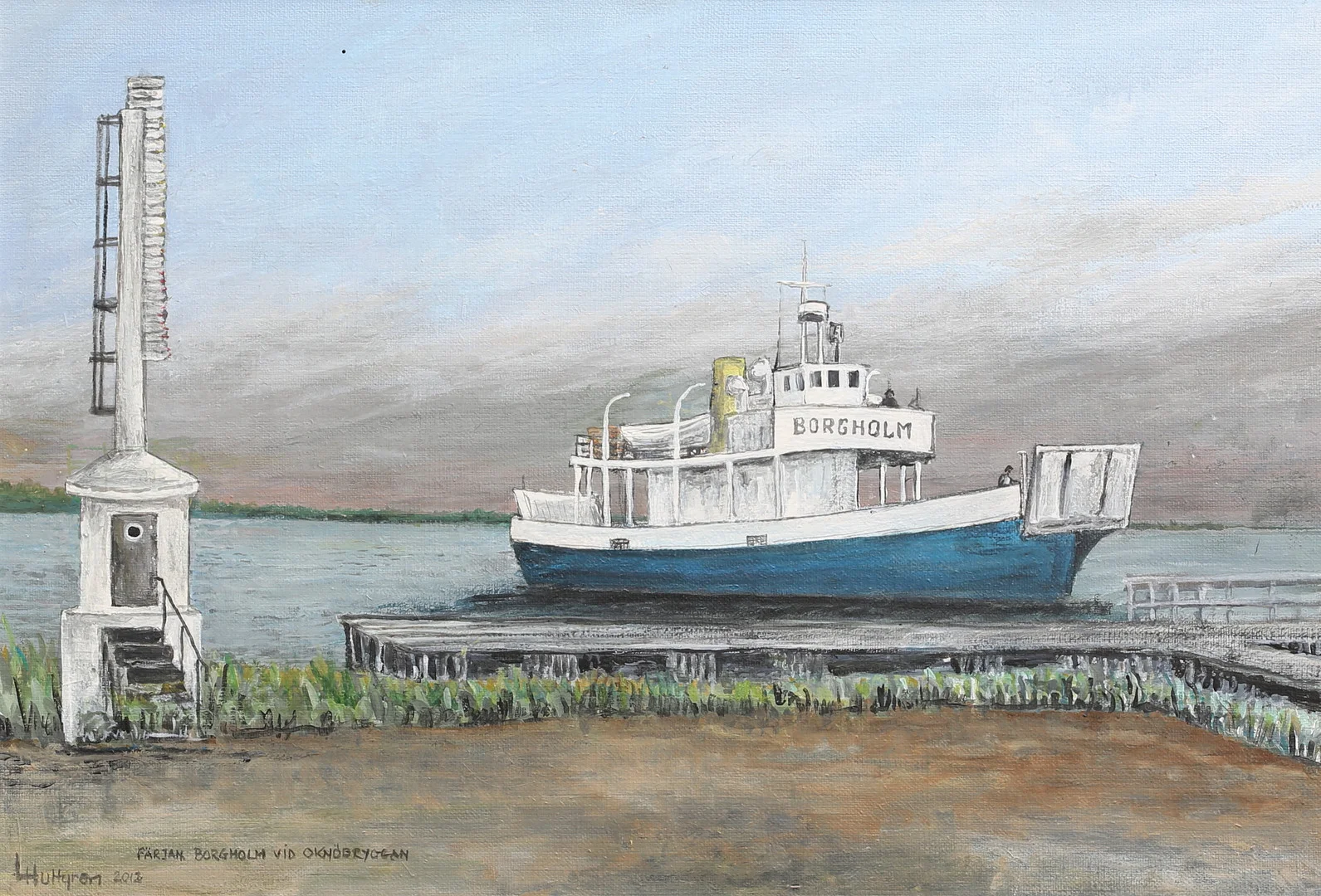 LARS HULTGREN. "Färjan Borgholm vid Oknöbryggan". Olja på duk, signerad och daterad 2012. — Paintings — Auktionshuset Thelin & Johansson