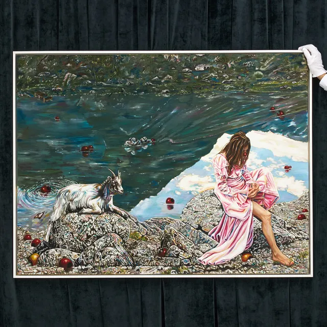 CAROLINE AF UGGLAS (Sverige, född 1972). Självporträtt - "Flicka med sticka", signerad, olja på duk, originalmålning/mixed media.