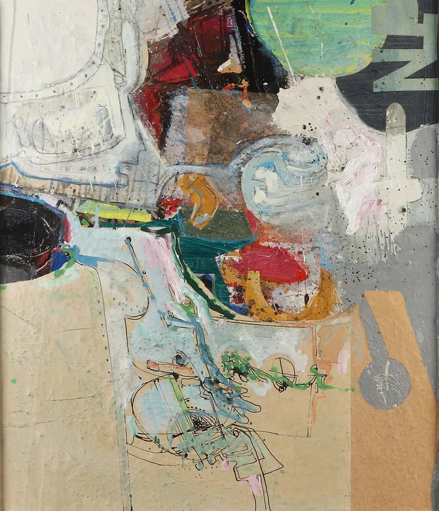 POUL SKELBYE. BLANDTEKNIK/COLLAGE. Abstrakt komposition. Signerad.