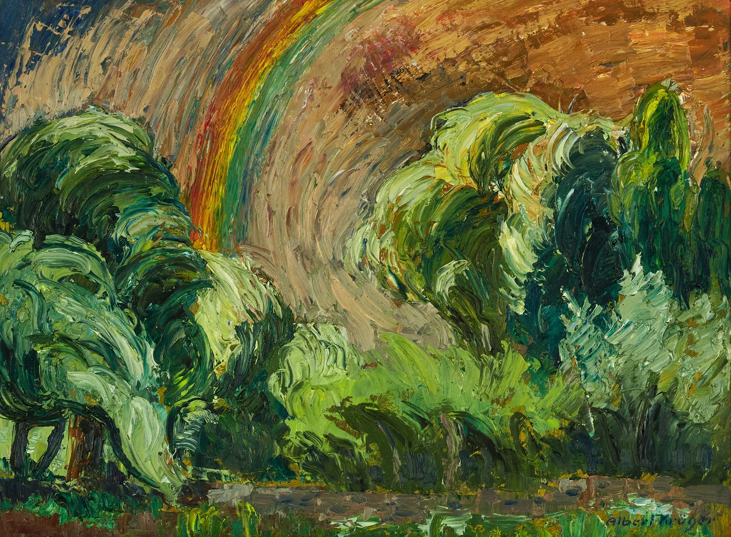 ALBERT KRÜGER (Sverige, 1885-1965), Regnbåge, "Efter oväder Öland", signerad och daterad 1951, olja på pannå. — Paintings — Crafoord Auktioner Stockholm