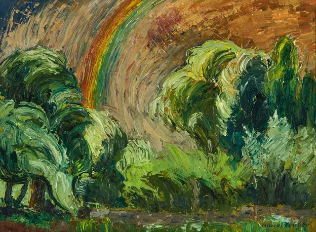 ALBERT KRÜGER (Sverige, 1885-1965), Regnbåge, "Efter oväder Öland", signerad och daterad 1951, olja på pannå.